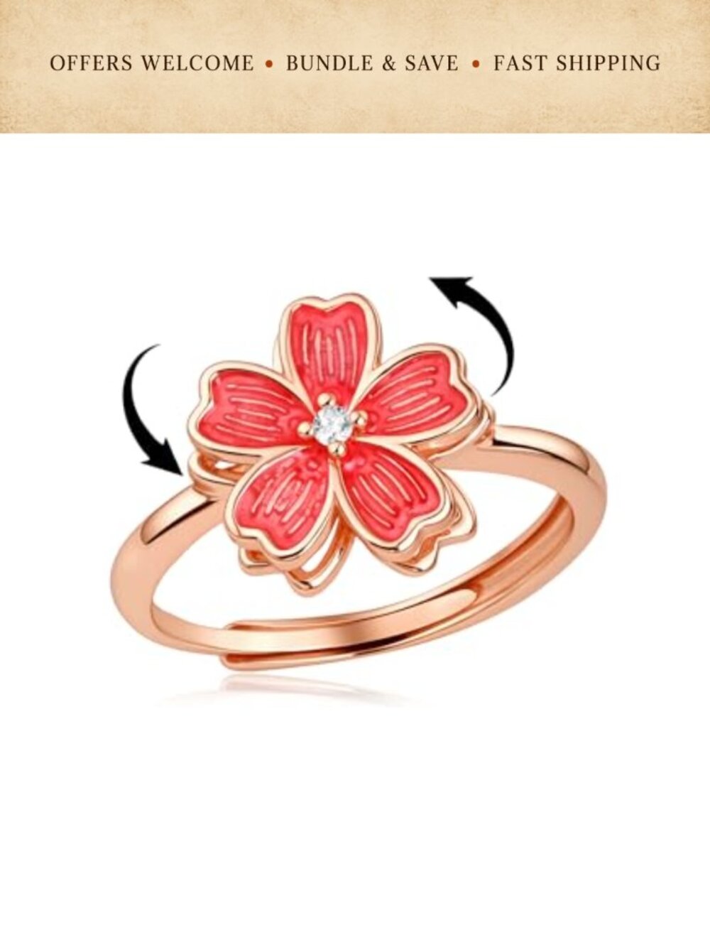 Rose Gold Enamel Spinner Fidget Ring Adjustable Statement Ring